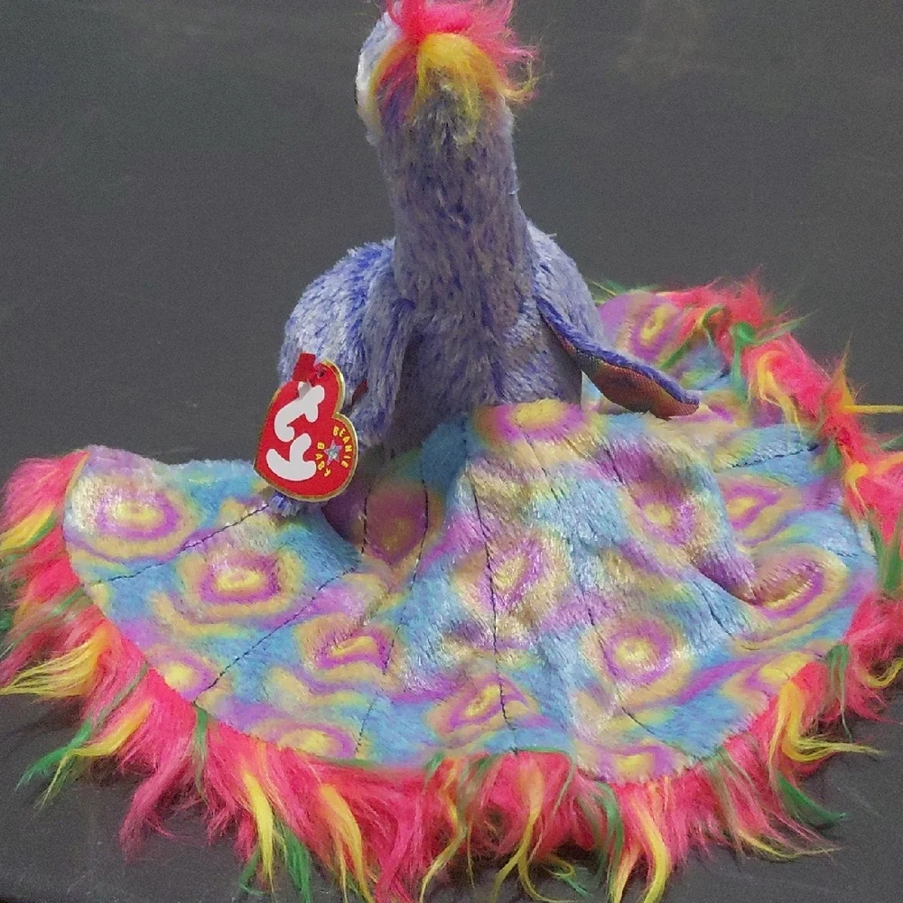 Colorful Plush Bird Toy. Ty Beanie Baby Flashy the Peacock.